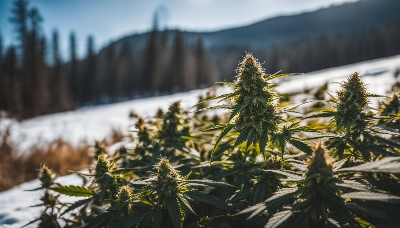 'Una planta de Cannabis Ruderalis floreciendo en un entorno frío y nevado.' 'Una planta de Cannabis Ruderalis floreciendo en un entorno frío y nevado.'