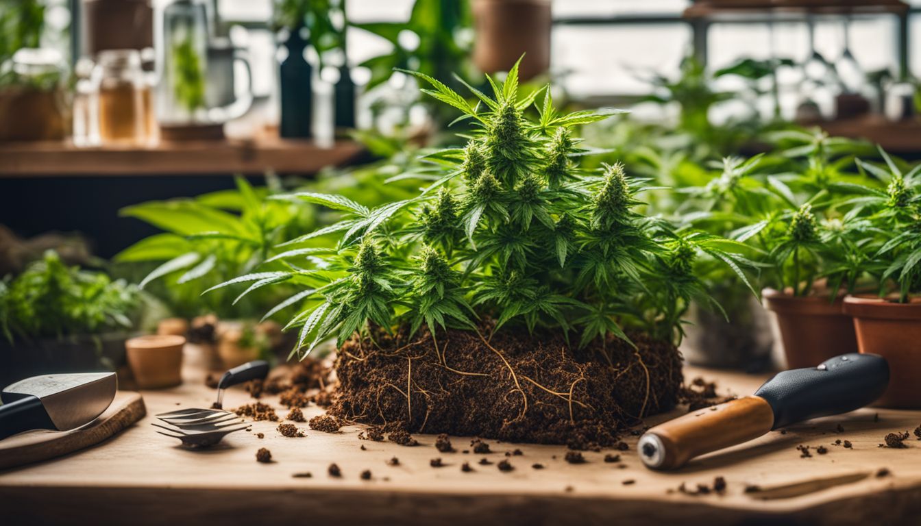 Una planta de marihuana cortada y colocada en cubos de raíz. Una planta de marihuana cortada y colocada en cubos de raíz.