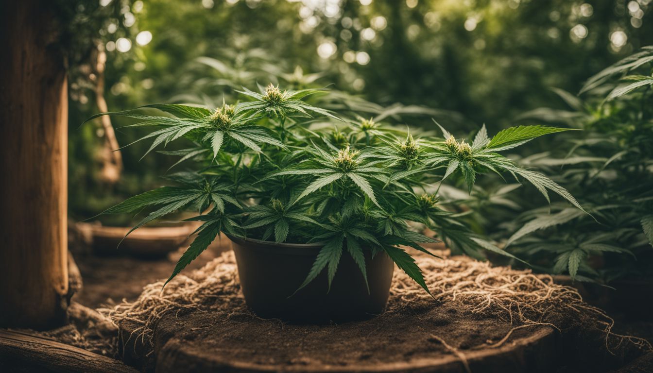 A carefully trained marijuana plant in a natural outdoor environment.