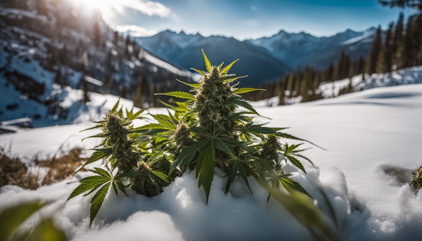 Una próspera planta de marihuana en un entorno montañoso cubierto de nieve. Una próspera planta de marihuana en un entorno montañoso cubierto de nieve.