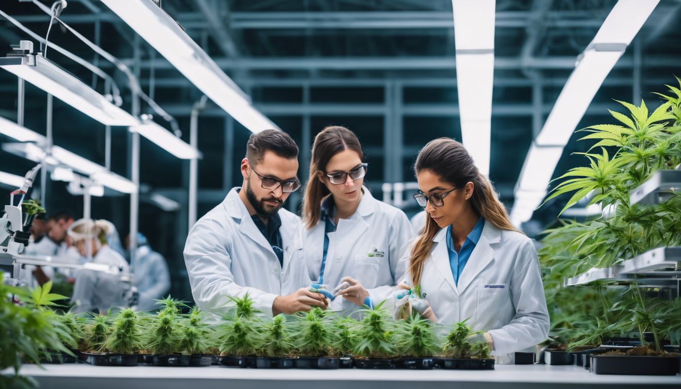 Un grupo de científicos examina plantas de cannabis en un laboratorio moderno. Un grupo de científicos examina plantas de cannabis en un laboratorio moderno.