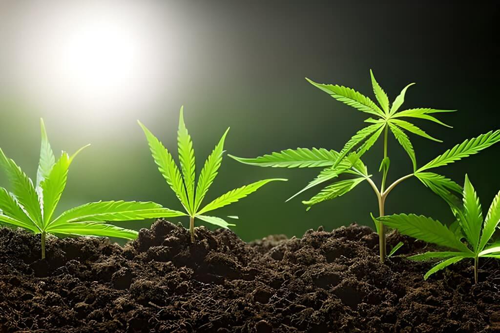 Una foto de primer plano de una planta de cannabis en diferentes etapas de su ciclo de vida. Una foto de primer plano de una planta de cannabis en diferentes etapas de su ciclo de vida.