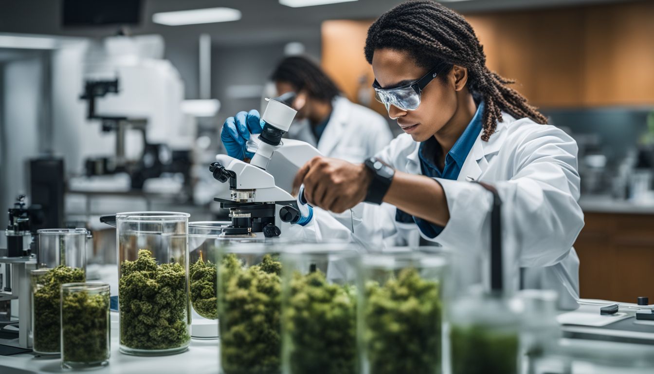Un científico examina compuestos de cannabis en un laboratorio. Un científico examina compuestos de cannabis en un laboratorio.
