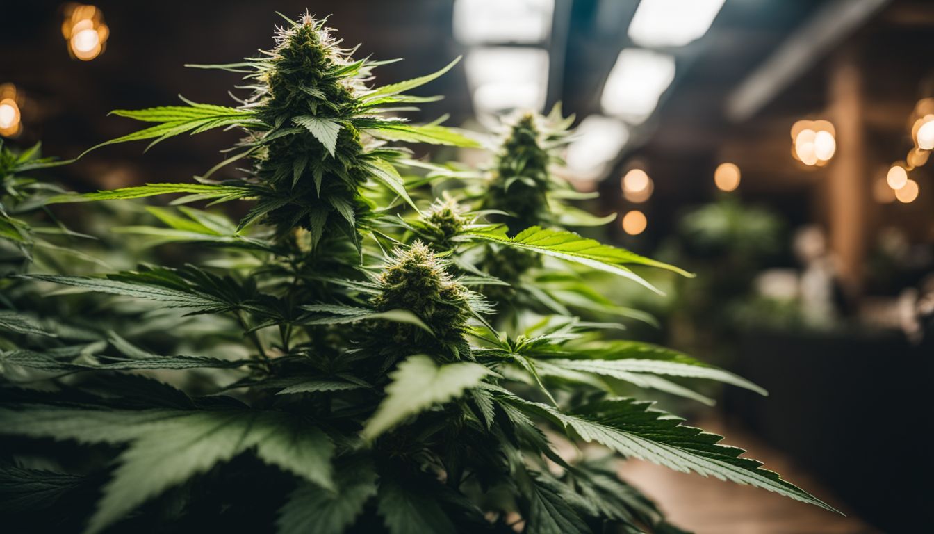 Una planta de cannabis prosperando en un ambiente interior espacioso y bien iluminado. Una planta de cannabis prosperando en un ambiente interior espacioso y bien iluminado.