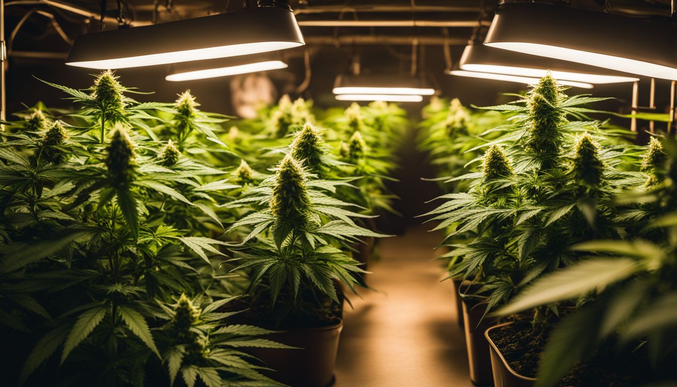 Una foto de plantas de marihuana creciendo bajo luces LED. Una foto de plantas de marihuana creciendo bajo luces LED.