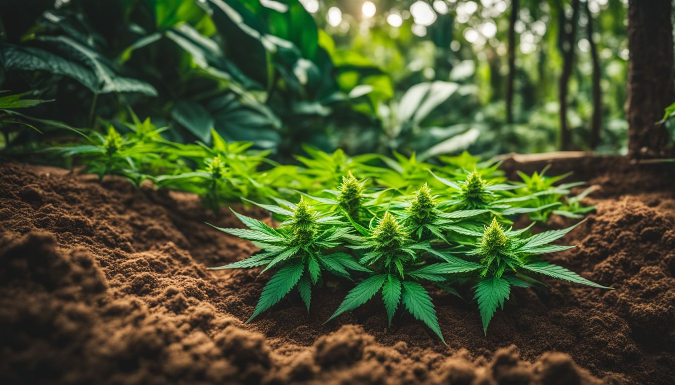 Una planta de cannabis saludable rodeada de suelo nutritivo y exuberante vegetación. Una planta de cannabis saludable rodeada de suelo nutritivo y exuberante vegetación.