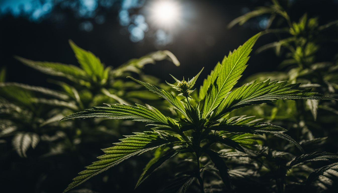 A marijuana plant illuminated by the natural light of the moon in a dark garden. A marijuana plant illuminated by the natural light of the moon in a dark garden.