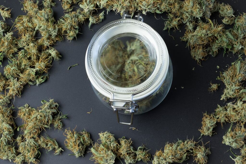 'Frascos de vidrio herméticos de cannabis en una cocina moderna.' 'Frascos de vidrio herméticos de cannabis en una cocina moderna.'