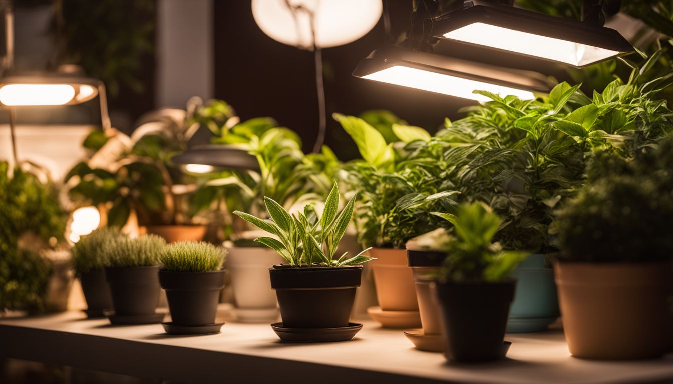 Una foto de varios tipos de luces de crecimiento con plantas de fondo. Una foto de varios tipos de luces de crecimiento con plantas de fondo.