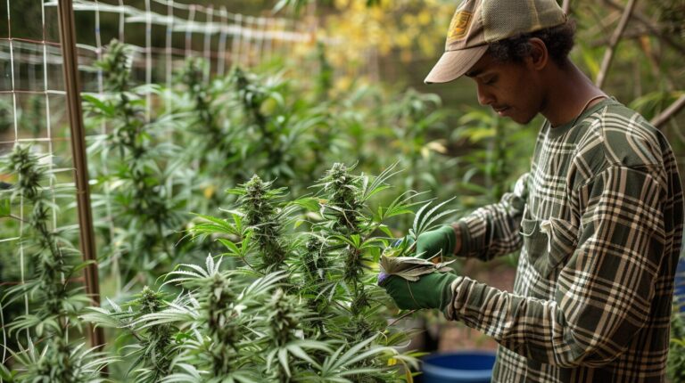 man training cannabis plant