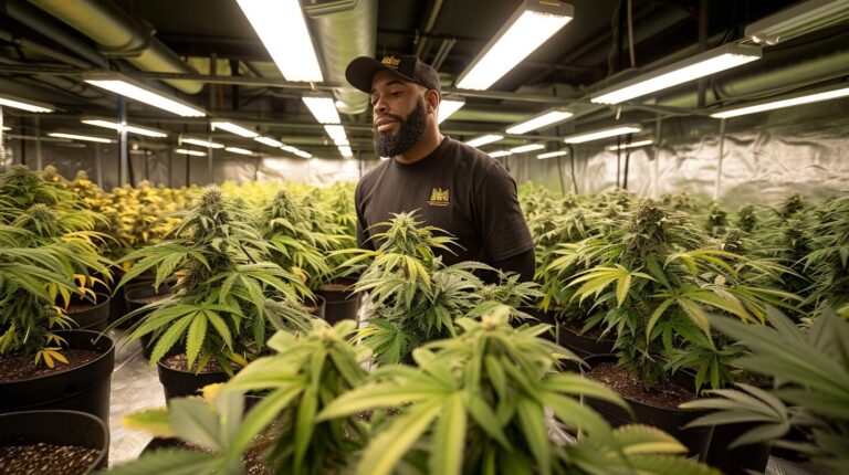 man standing in a cannabis green house